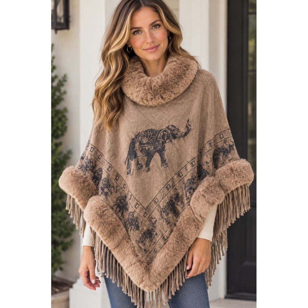 Brown Elephant Print Knit Poncho Faux Fur Trim Fringed Cape Western Wrap OS